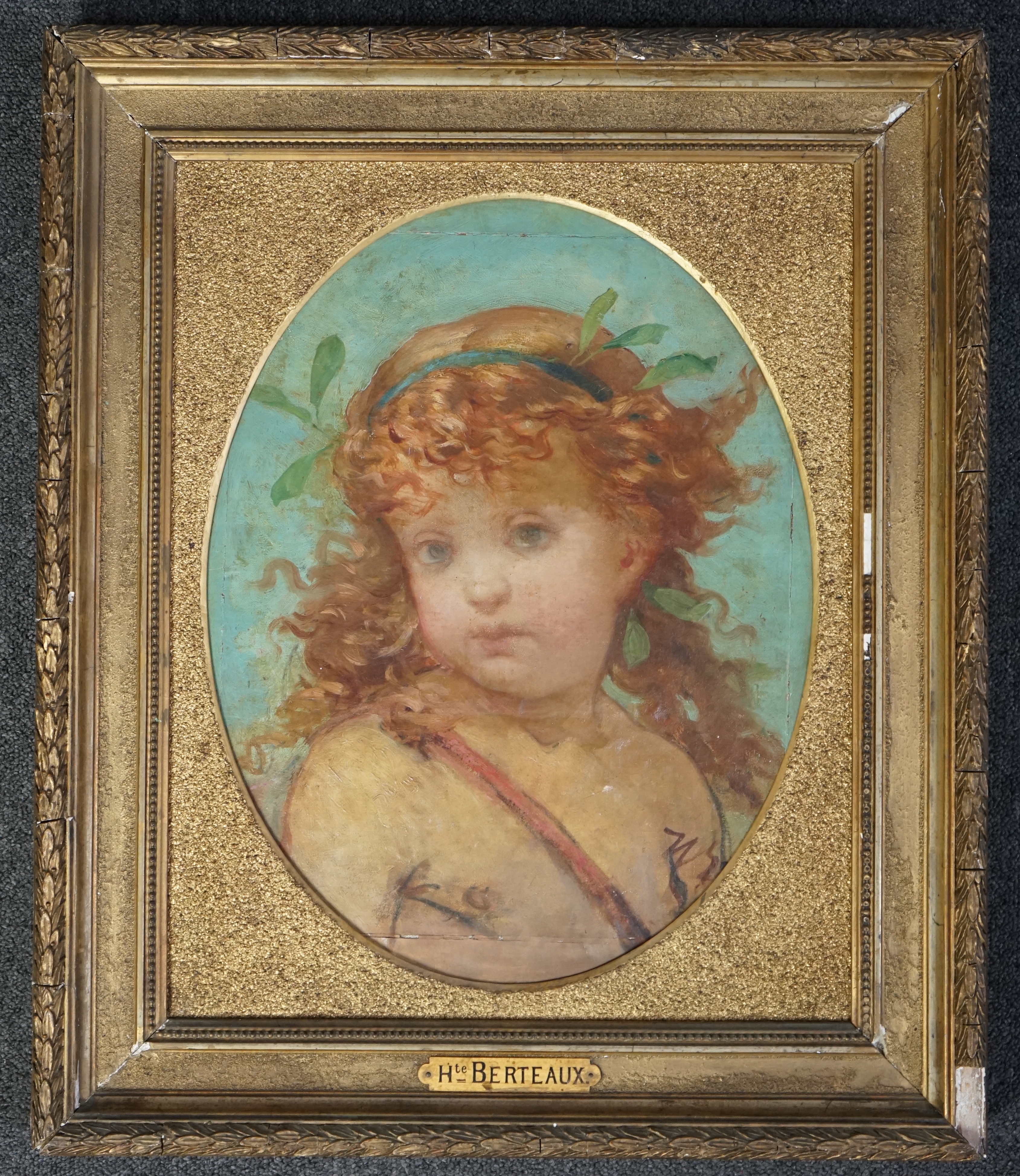 Attributed to Hippolyte-Dominique Berteaux (French, 1843-1926), Study of an amorini, oil on canvas, framed to the oval, 44 x 34cm